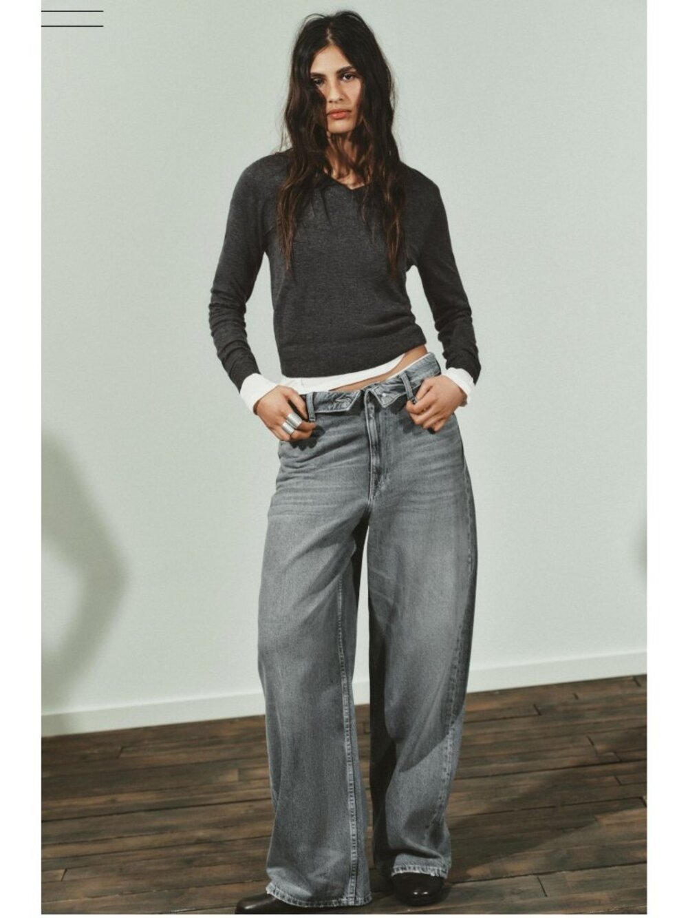 Zara TRF Folded Waist Jeans Gray Mid Rise Baggy Wide Leg Size 4